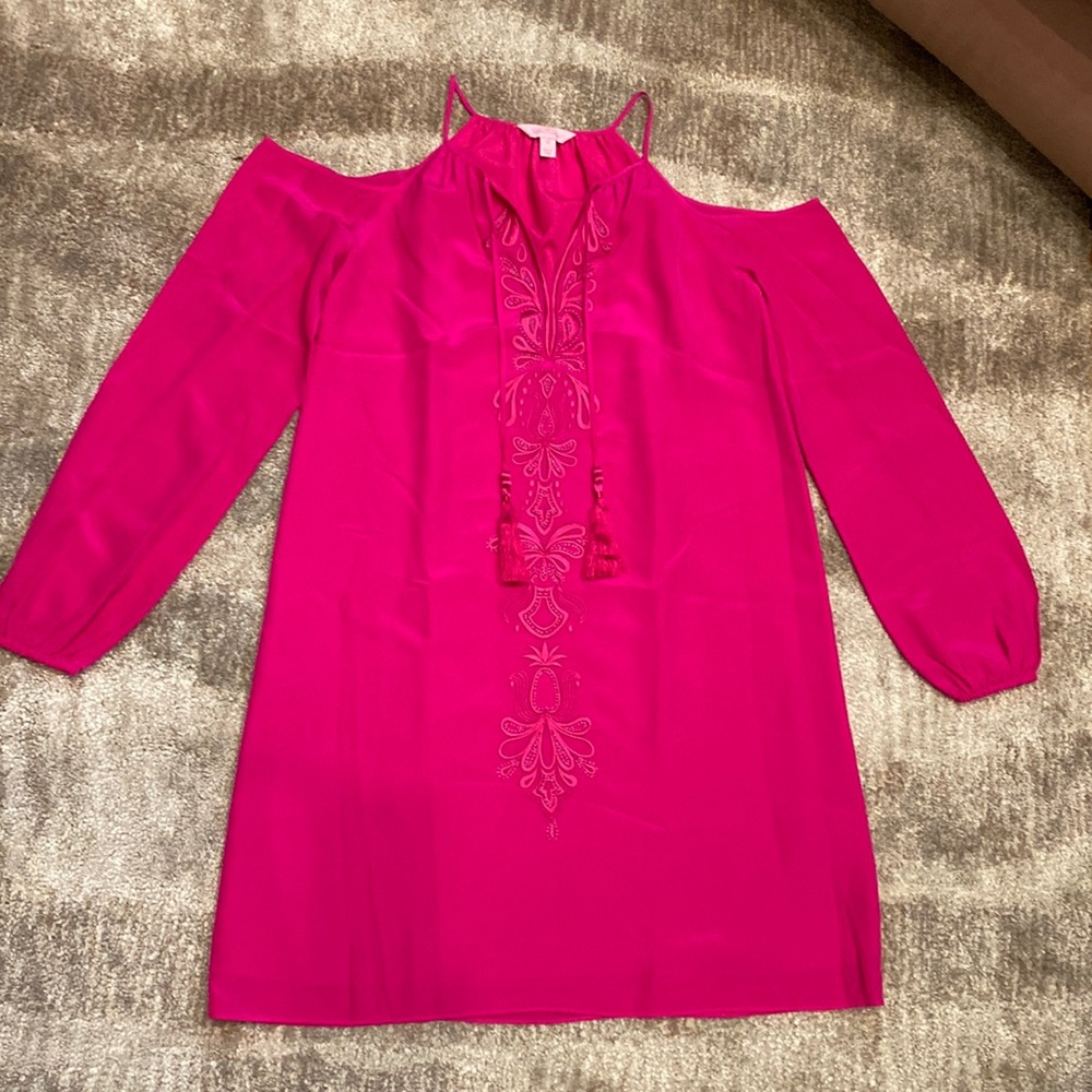 LILLY PULITZER Raspberry Pink Cold Shoulder Embroidered with Beads sz XS Dress
